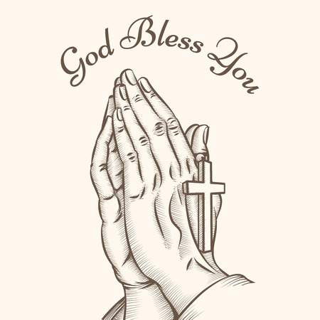 Prayer hand with cross. Religious and god, pray and holy, spirituality and crucifix, vector illustrationのイラスト素材
