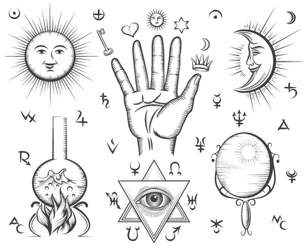 Alchemy, spirituality, occultism, chemistry, magic tattoo vector symbols. Design esoteric and gothic, witchcraft and mystery, medieval potion illustrationのイラスト素材