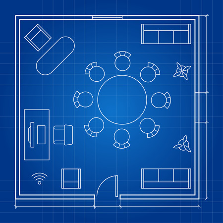 Office floor plan with linear symbols. Conferance business outline furniture icons. Project sketch, furniture office, floor plan illustrationのイラスト素材