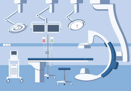 Medical hospital surgery operating room, theater with equipment in flat style. Operation surgical emergency, healthcare and clean, hygiene and table illustrationのイラスト素材