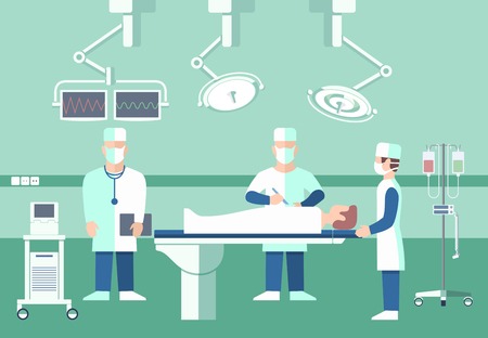 Surgeons in operation theater. medical concept. Room with people, scalpel and screen, disease and pulse patient, assistant doctor illustrationのイラスト素材