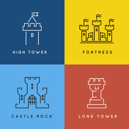 Castle and fortess line style or outlined icon set. Tower architecture building, medieval old symbol fort or palace illustrationのイラスト素材