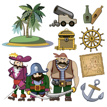 pirate characters set in cartoon style. Costume and palm, hook and island, wealth treasure, map and rum, cannon and adventure illustrationのイラスト素材