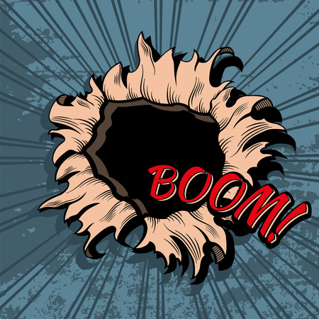 Comic style hole background. Boom explosion bomb, bang and break, sound and noise illustrationのイラスト素材