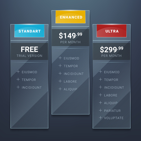 Glass pricing table template. Tariff and buy, offer commercial, info website illustrationのイラスト素材