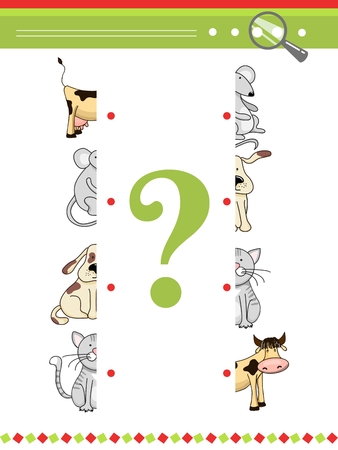 Halves matching game for preschool children book. Vector animals characters. Learning logic, solution teaser, search join illustrationのイラスト素材