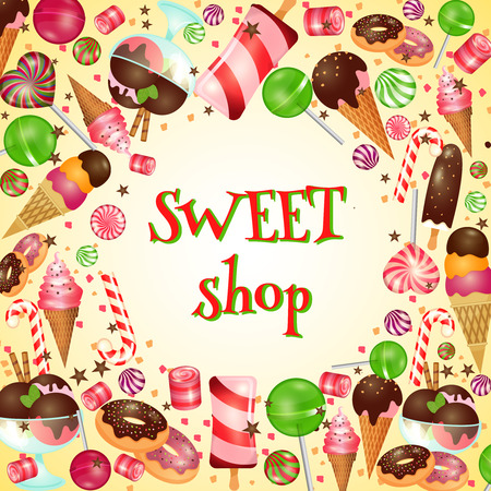 Sweet shop poster with candies and lollipops. Ice cream, yummy food, vector illustrationのイラスト素材