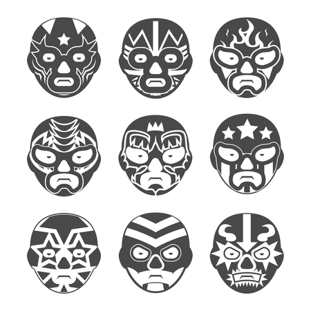 Lucha libre, mexican wrestling masks icons set. Character face, person and costume, fighter extreme, vector illustrationのイラスト素材