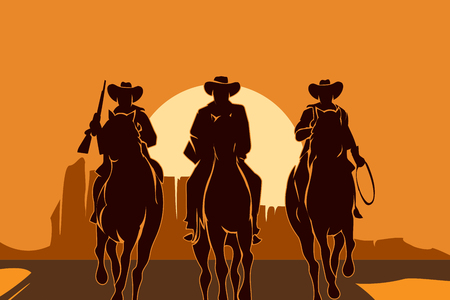 Cowboys riding horses in desert. Freedom man silhouette, sun and landscape, people american. Vector illustrationのイラスト素材
