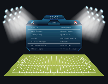 Realistic vector american football field with scoreboard. Touchdown, rugby sport, game and stadium, championship competition illustrationのイラスト素材