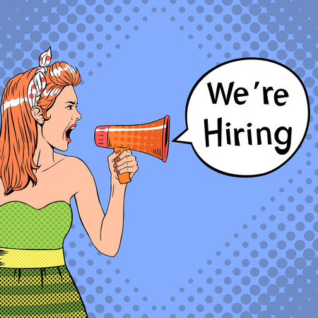 Girl in pop-art style holds megaphone with We Are Hiring speech bubble. Vector hiring template. Loudspeaker and resource, employee and hire, employment recruit illustrationのイラスト素材