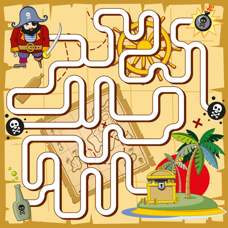 Pirate maze, labyrinth game for preschool children. Play and treasure, map and quiz, search logic. Vector illustrationのイラスト素材