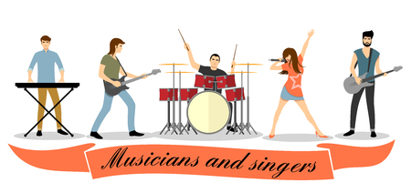 Musicians and singers vector set. Rock band concert, group performance, guitar bass, microphone and vocalist illustrationのイラスト素材