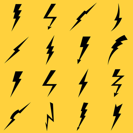 Lightning black vector icons set. Flash and arrow, electricity thunder, danger light power illustrationのイラスト素材