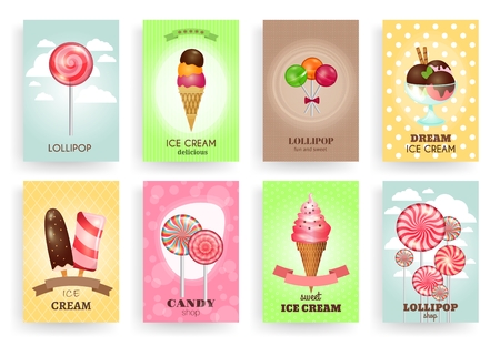 Sweets, lollipops and ice creams. Brochures vector templates set. Dessert and candy, cream and chocolate, design delicious tasty illustrationのイラスト素材