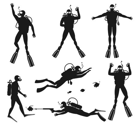 Scuba diver silhouettes. Diving silhouettes on white background.  Speargun and water sport, people diving sea. Vector illustrationのイラスト素材