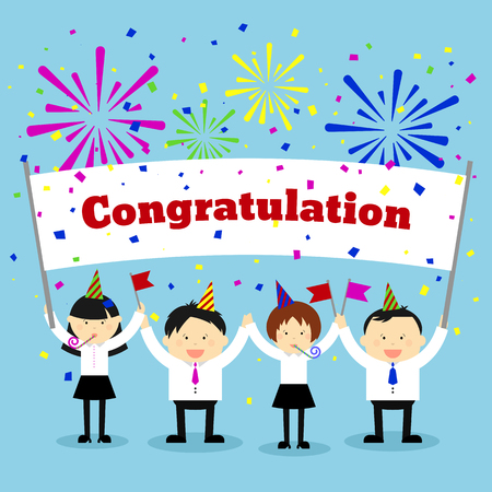 Businessmen holding congratulation sign. Business and banner, message greeting. Vector concept backgroundのイラスト素材