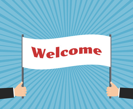 Hands businessman holding welcome sign. Business concept background. Message text, showing ,  illustrationのイラスト素材