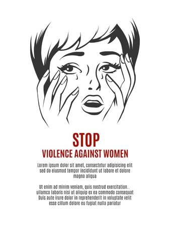 Woman cries. Stop violence against women concept. Fear and abuse, afraid girl, face sad illustrationのイラスト素材