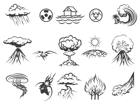 Natural disaster icons set. Tornado and radiation, apocalypse and typhoon, asteroid and flood, fire and storm, illustrationのイラスト素材