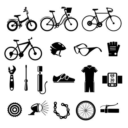 Bicycle, bike icons set. Lantern and speedmeter, wrench and screwdriver, pump and brake, illustrationのイラスト素材