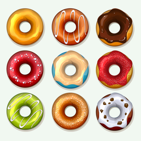 Donuts icons set in cartoon style. Sweet dessert, chocolate and sugar, breakfast snack, tasty bakery, vector illustrationのイラスト素材