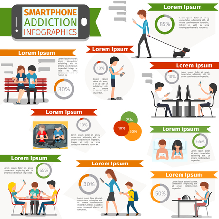 Smartphone, social media and internet addiction infographic. Online people, technology communication, vector illustration Smartphone, social media and internet addiction infographic. Online people, technology communication, vector illustration