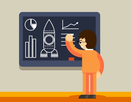 Start up plan on chalkboard. Man create business plan, innovation development, vector illustrationのイラスト素材