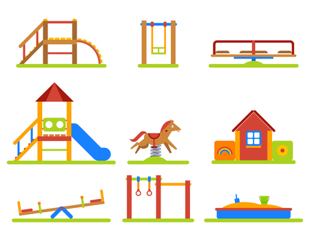 Kids playground flat icons set. Slide and swing, equipment for kindergarden sandbox and merry-go-round. Vector illustrationのイラスト素材