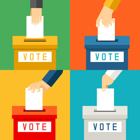 Hand putting voting paper in ballot box. Referendum polling and choice voter, vector illustrationのイラスト素材