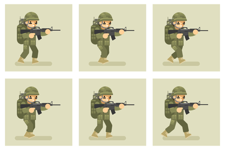 Soldier flat design run animation frames. Military army, man action in uniform, vector illustrationのイラスト素材