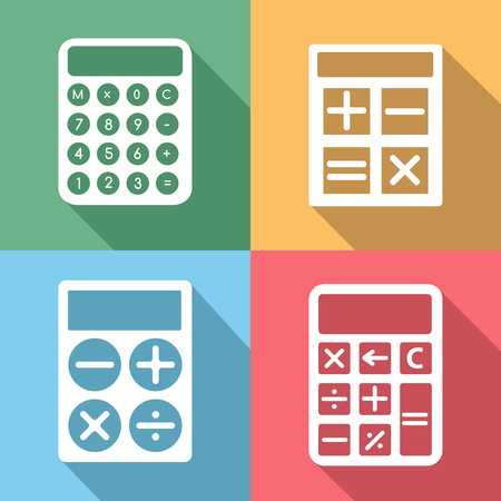 Calculator icons set with long shadow effect. Button and mathematics, electronic digit, finance and numeral, display set, vector illustrationのイラスト素材