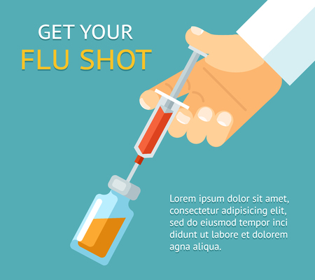 Get your flu shot. Doctor hand with syringe. Medicine and vaccination, bottle injection, vector illustrationのイラスト素材