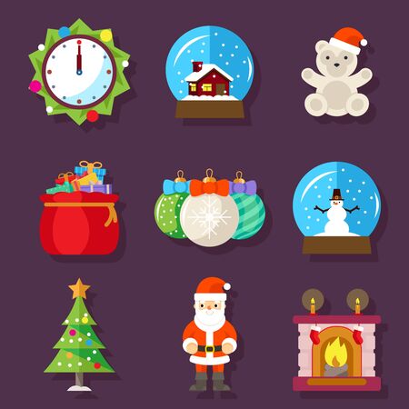 New Year and Christmas flat design icons. Fireplace with sock, clock and teddy bear, toy and santa claus. Vector illustrationのイラスト素材