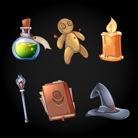 Fairy tale magic icons set in cartoon style. Witchcraft and fantasy, poison and wand, magician tool, vector illustrationのイラスト素材