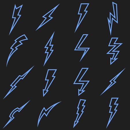 Lightning black linear outline icons set. Thunderbolt arrow, power storm, flash electric energy, vector illustrationのイラスト素材