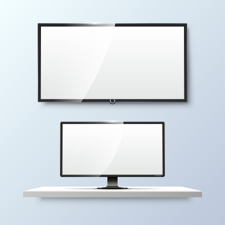 Lcd monitor and empty white flat TV screen. Display blank, technology digital, electronic equipment. Vector illustration templatesのイラスト素材