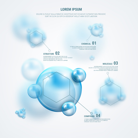 Sci-fi molecules infographics with transparent spheres. Bubble science glossy, scientific biology template. Vector illustrationのイラスト素材