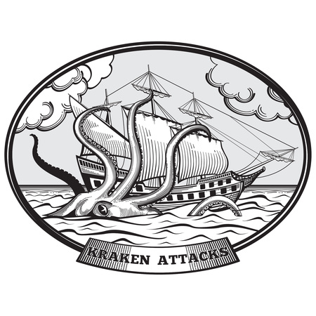 Sailing ship and Kraken monster octopus emblem hand drawn style. Tentacle ocean, nature giant, vector illustrationのイラスト素材
