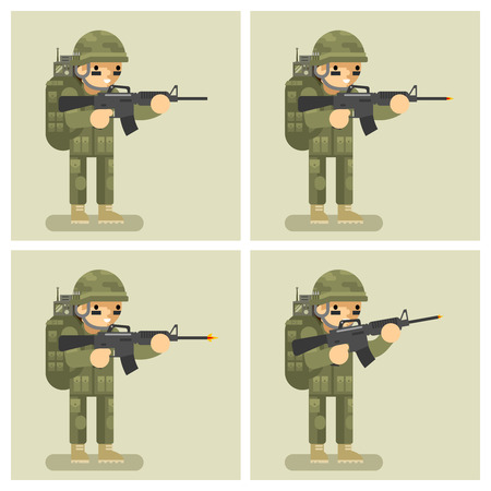 Soldier flat design animation shot weapon. Order act movement, automatic and shooter, assault or attack, uniform  warrior, vector illustrationのイラスト素材