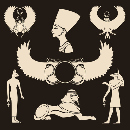Ancient Egypt icons set. Horus and nefertiti, sphinx and anubis, scarabaeus and egyptian sign, vector illustrationのイラスト素材