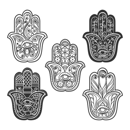 Indian hamsa hand with eye. Spiritual ethnic ornament, vector illustrationのイラスト素材