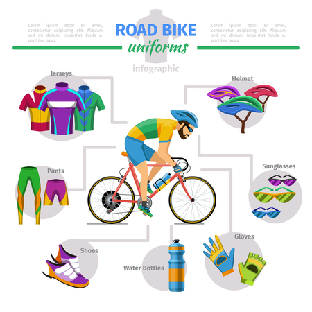 Road bike uniforms vector infographic. Bicycle and glove, jersey and helmet, shoes comfort illustrationのイラスト素材