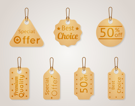 Cardboard sale labels, price tags set. Discount retail, vector illustration, promotion for businessのイラスト素材