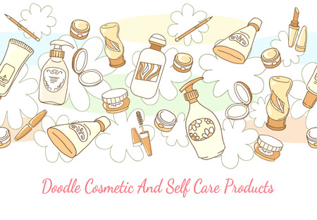 Doodle cosmetic and self care products hand drawn background. Lotion and shampoo, tube and powder horizontal seamless pattern. Hand drawn cosmetic and self care products vector backgroundのイラスト素材