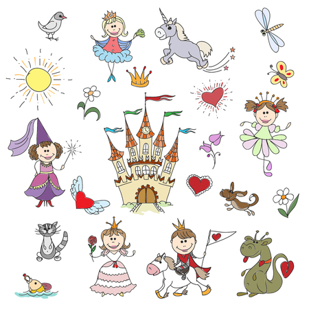 Happy little princesses sketches. Cartoon girl in dress, childhood fantasy drawing. Doodle drawn little princesses vector illustrationのイラスト素材