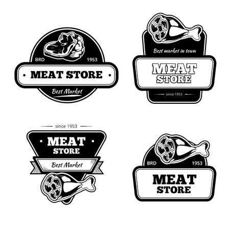 Retro butchery and meat store black badge, label, logo vector set. Market natural emblem illustrationのイラスト素材