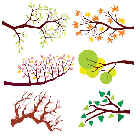 Tree branch with leaves and flowers. Nature flower floral, summer or spring green plant, blossom season. Vector illustration setのイラスト素材