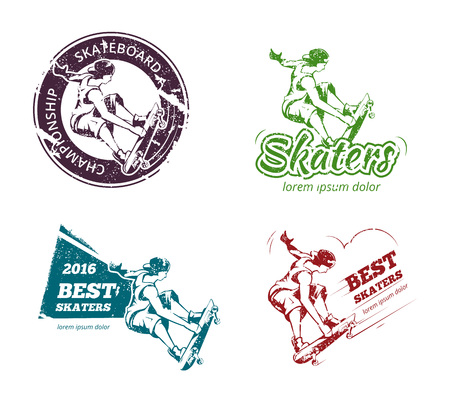 Retro color skateboarding labels, logos and stickers set. Emblem badge print, extreme urban. Vector illustrationのイラスト素材