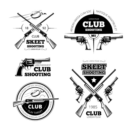 Vintage gun club labels, logos, emblems set. Badge and gun, weapon rifle, vector illustrationのイラスト素材